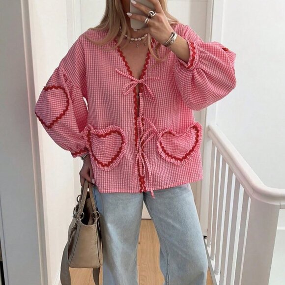 Red and White Casual Women's Plaid Print Tie Front Lantern Sleeve Blouse - Picture 3 of 4